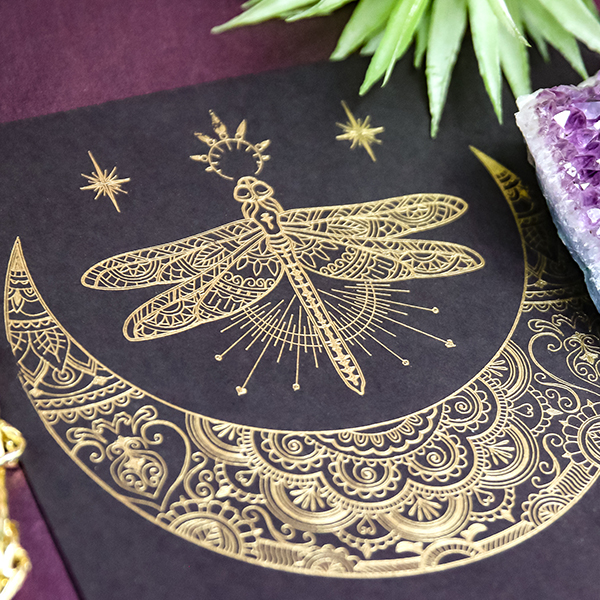 Drawing - image features: Luna moth and crescent moon in gold foil on black paper