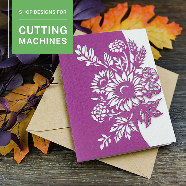 Shop cutting machine designs - Image features: Sunflower greeting card surrounded by leaves