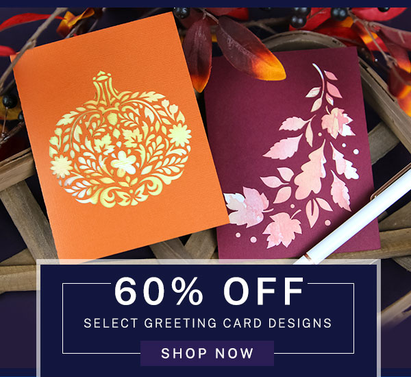 60% off greeting card designs - image features: pumpkin and fall leaves greeting card