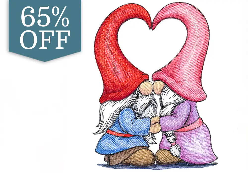 Love sale - 65% off - image features: gnomes holding hands - click here to shop