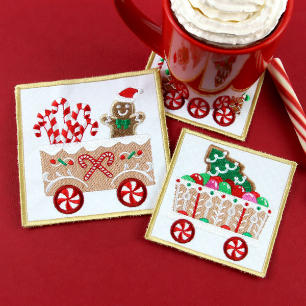 Christmas - Image features: Gingerbread train coasters with hot cocoa and candy canes