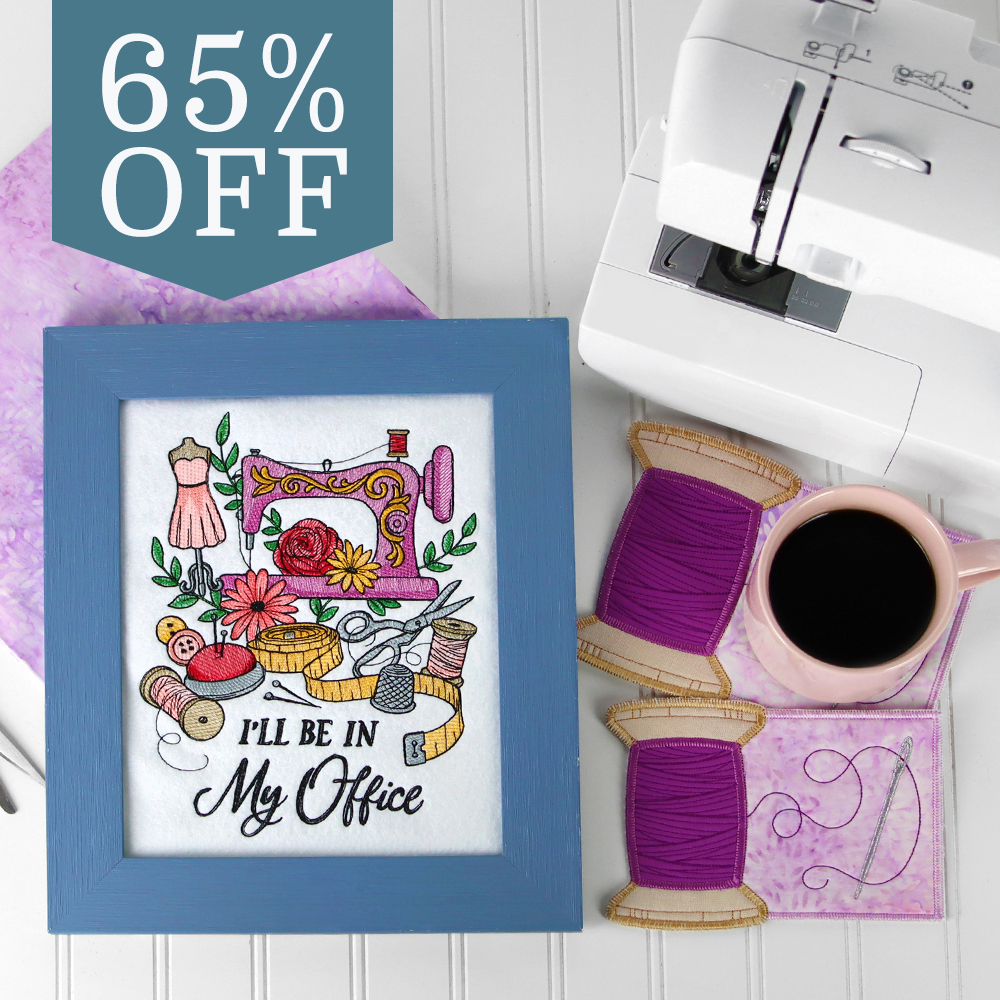 65% off - I'll be in my office in frame and Thread spool mug rugs 