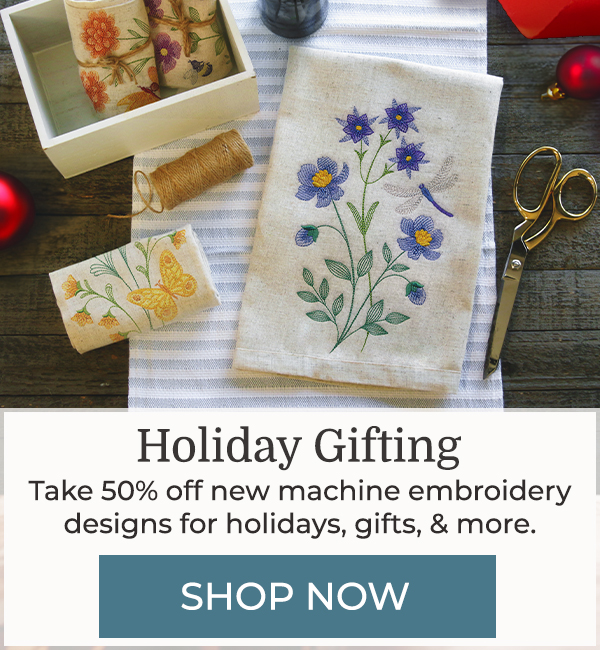 Holiday Gifting - 50% off - image features: flowers on tea towels 