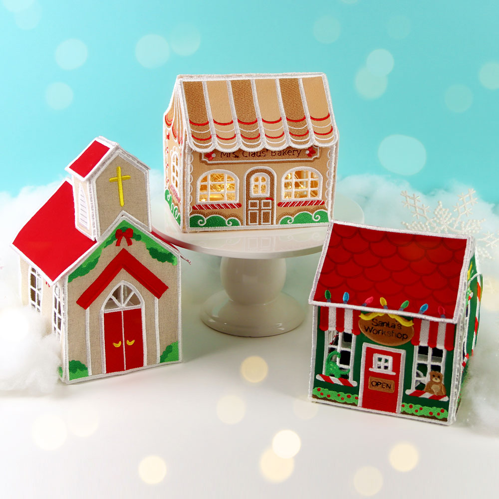 Christmas Village - image features: 3D church, Mrs, Claus Bakery, and Santa's Workshop