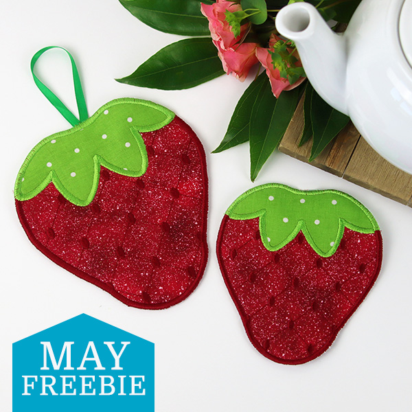 Get the May Freebie - Image of two n in-the-hoop machine embroidered strawberry trivets