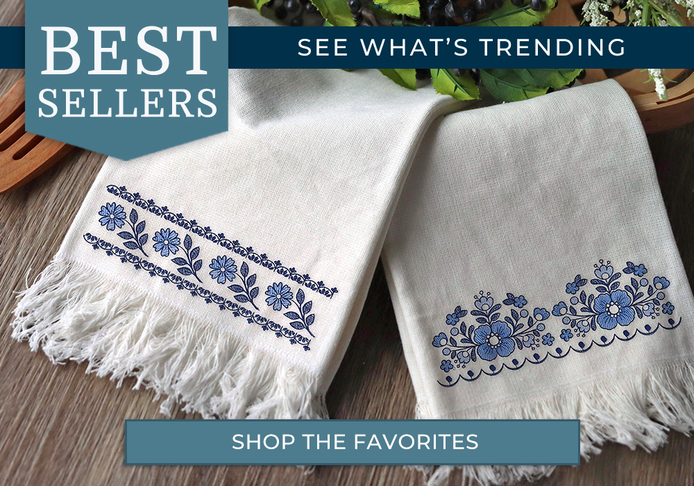 Shop Bestselling designs - image features: flower borders on towels - click here to shop 