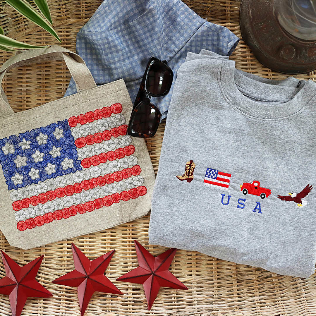 Star-Spangled Stitches - image features: USA border on sweatshirt and floral flag on tote - click here to shop
