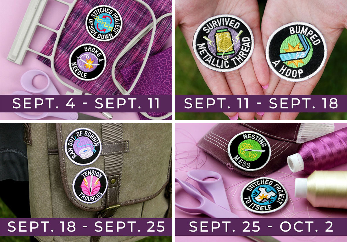 image features: Merit badges on fabric, in hands, on bag , and on hat 