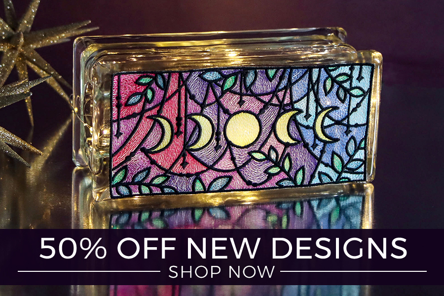 New Designs : 50% off - image features: celestial moon phases on glass block