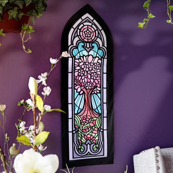 Twilight Botanica - image features a machine embroidery stained glass tree scene
