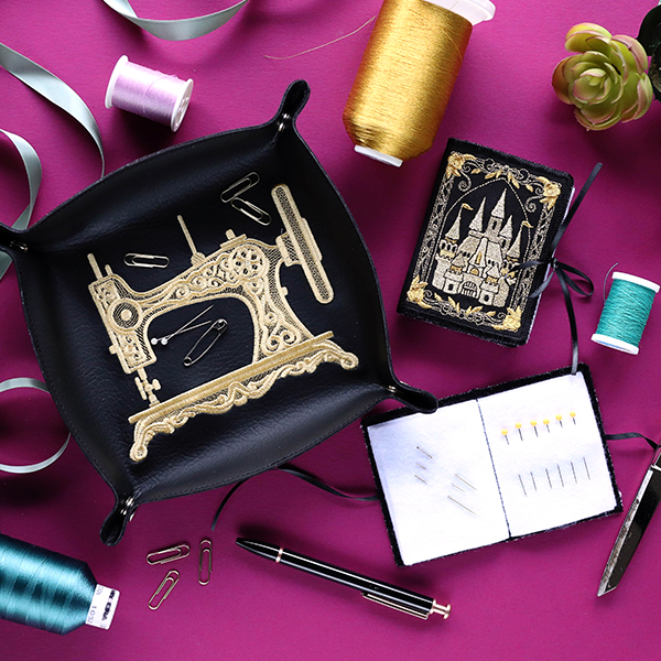 Gilded Stitches - image features: needlebook and sewing machine design - click here to shop